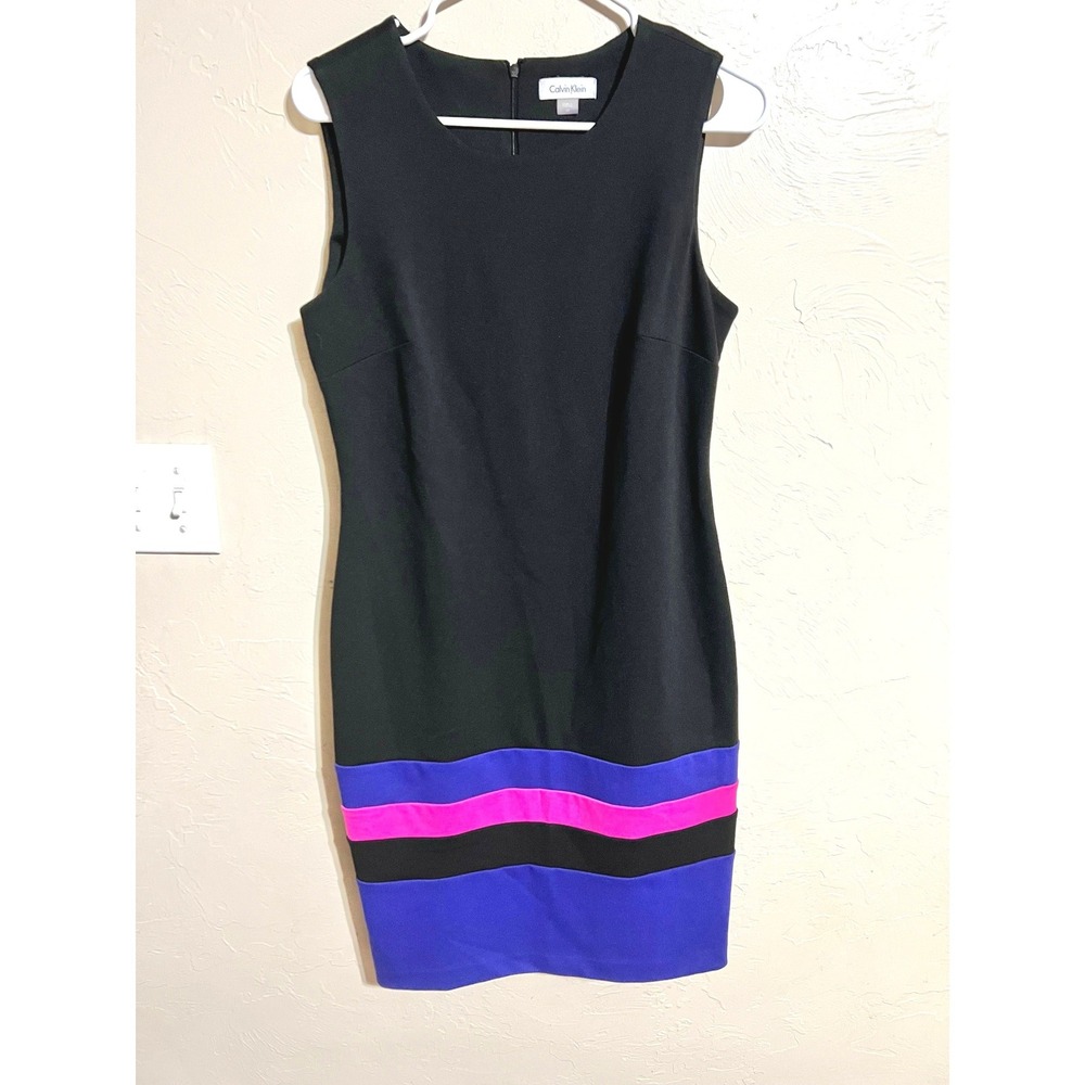 Calvin Klein Womens Black Colorblock Striped Sleeveless Sheath Dress Size 6